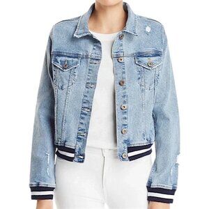 Pistola - Women’s ‘Brando’ Distressed, Bomber Denim Jacket, Trim - Blue, Medium
